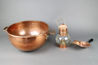 A copper and glass hanging lantern, a copper and brass coal shovel with turned ebony handle and a copper twin handled bowl 43cm x 23cm 