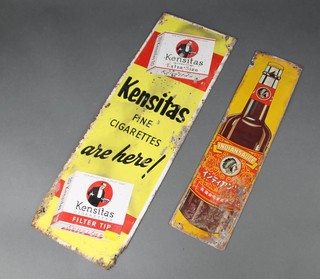 An enamelled advertising sign for Kensitas Fine Cigarettes are Here 50cm x 11cm (some corrosion) together with an enamelled sign Indian Sauce 39cm x 10cm (corroded) 