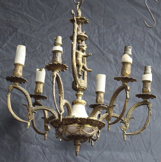 A gilt metal and onyx finished 6 light electrolier, the centre section decorated a cherub on a trapeze 21cm x 47cm diam. 