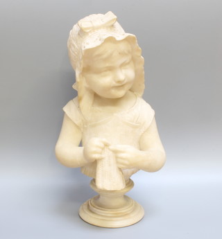 A carved alabaster portrait bust of a bonneted young girl 26cm x 17cm x 13cm