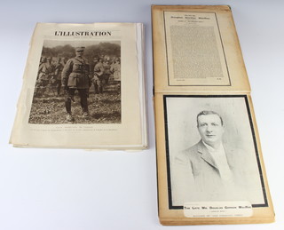 An Edwardian and later scrap book containing various newspaper cuttings together with 8 editions of L'Illustration July 8th 1916, March 30th 1918, April 13th 1918, August 31st 1918, September 14th 1918, November 9th 1918, 6th-23rd 1918 and November 30th 1918  