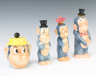 A Goebels monkey jar and cover 3/8 12cm, a do. liqueur bottle 2/8 16cm, another 2/0 18cm and another 8/a 21cm 