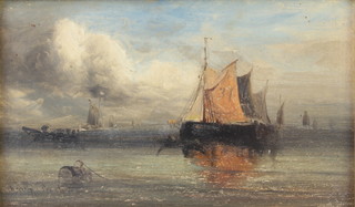 Emily Preston, oil on panel, moored fishing vessels 14cm x 24cm 