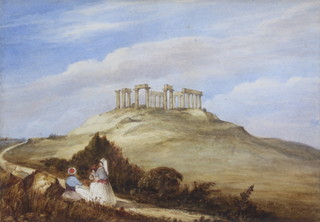 18th Century watercolour drawing, Greek scene with ruined temple and figures 21cm x 31cm 