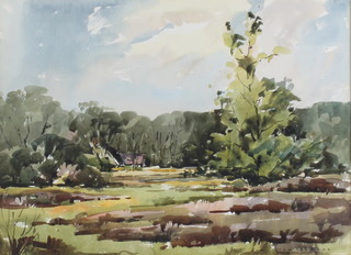 William Barnes, watercolour, rural scene with trees and buildings in the distance, signed to the bottom right hand corner 34cm x 47cm, the reverse labelled William Barnes, 13 Cranleigh Road, Merton Park  