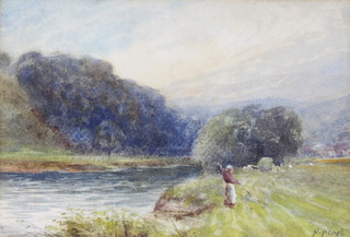 Peach, watercolour, haymaking scene by a river and mountains in the distance 18cm x 26cm 