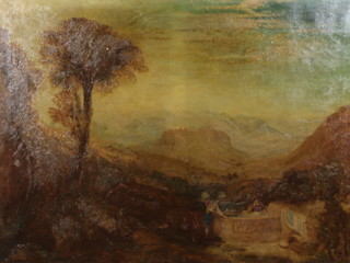 After Turner, a 19th Century oil on canvas, mountain landscape with figures and a 3 arched bridge 90cm x 119cm 
