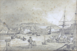 L E Reed, pencil drawing, study of harbour with figures and buildings in the distance, signed and dated 1839 and marked to the reverse 17cm x 25cm 