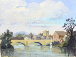 Charles Smith, impressionist oil on board, study of a river with arched  bridge and church in the distance, 17cm x 22cm contained in a decorative gilt frame