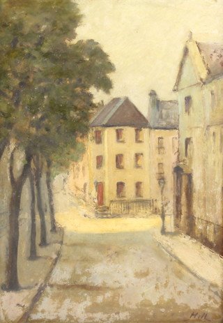 George E Hill, oil on board, "Chaney Row" the reverse with Chelsea Arts Society label signed 34cm x 24cm 