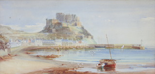 J M Hilson, a pair of 19th Century watercolour drawings, shrimping scene with cart and rocky outcrop in distance and St Michaels Mount, both signed  17cm x 34cm 