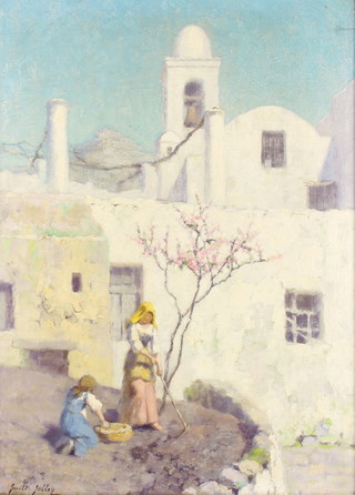Martin Gwilt Jolley (1859-1916) oil on canvas, "Anacapri" Mediterranean scene with figures before a church 50cm x 35cm contained in an oak frame