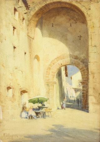 Mary S Hagarty, watercolour, "The San Francesco Gate Assisi" 25cm x 26cm, the reverse with Coronation Exhibition 1911 label 