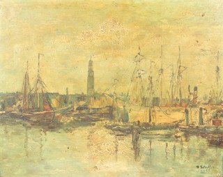 O Schultz, 20th Century Russian school, oil on board, harbour scene with boats 39cm x 50cm contained in a decorative gilt frame 

