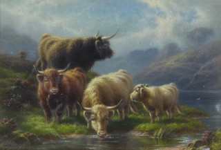 C E Watson, oil on canvas, signed, highland cattle Loch Restil 22cm x 32cm 