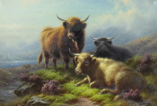 C E Watson, oil on canvas, signed, highland cattle Loch Tay 22cm x 32cm 