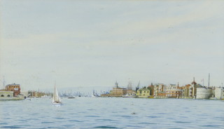 Watercolour and gouache, unsigned,extensive Portsmouth Harbour view with maritime and naval craft, 25cm x 43cm 