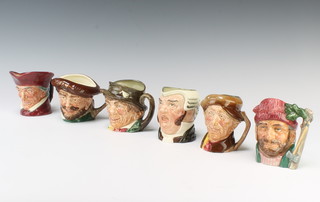 Six Royal Doulton character jugs - Cardinal 8cm, Drake 8cm, Paddy 8cm, 'Arry 8cm, The Lumberjack D6613 9cm and 1 other 10cm 