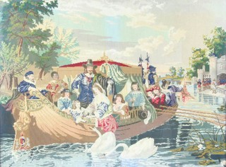 A Victorian woolwork tapestry of Charles II being rowed down the Thames 66cm x 90cm 