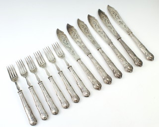 A set of 6 Victorian silver fish knives with serpent decoration London 1862 together with a later set of 6 fish forks Sheffield 1925 