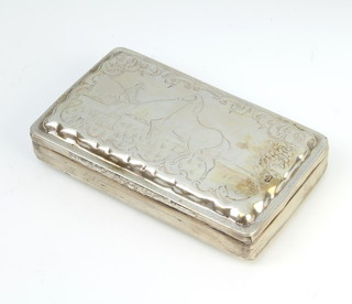 A 19th Century Continental rounded rectangular silver box the chased decoration with a jockey and horse, 14cm, 142 grams