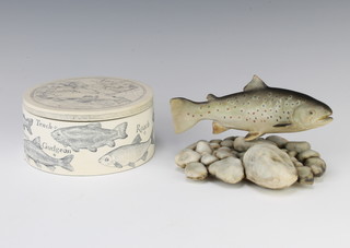 An Ian Greensitt ceramic trout 16cm and a composition box and cover decorated with fish 13cm 