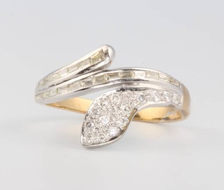A 14ct white and yellow gold diamond set snake ring size P 