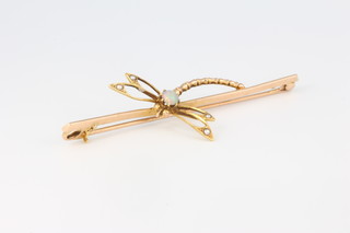 A 9ct yellow gold opal and pearl dragonfly brooch