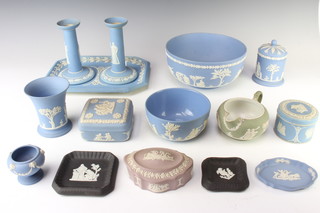 A Wedgwood blue Jasperware octagonal tray 27cm, a pair of do. candlesticks, 3 bowls, 4 boxes, a jug, vase, 3 dishes 