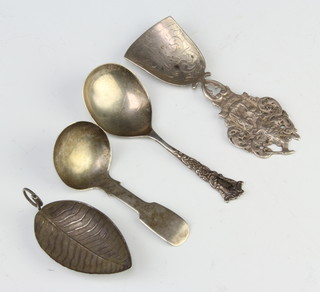 A silver caddy spoon with leaf bowl, 3 others, 55 grams