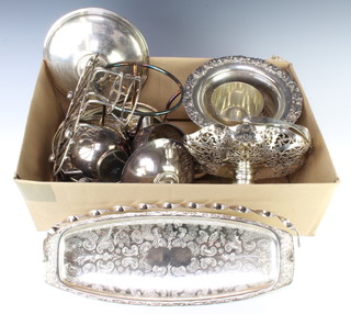 A silver plated champagne coaster with vinous rim and minor plated items