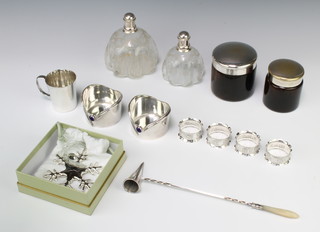 Two silver plated mounted scent bottles, plated napkin rings, Christmas decoration and other minor plated items