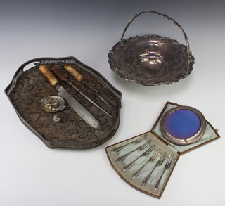An Edwardian silver plated swing handled basket, galleried tray and minor plated items