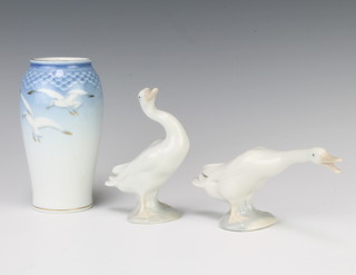 Two Lladro Geese 13cm and 8cm and a Bing and Grondahl vase decorated with seagulls 13cm 