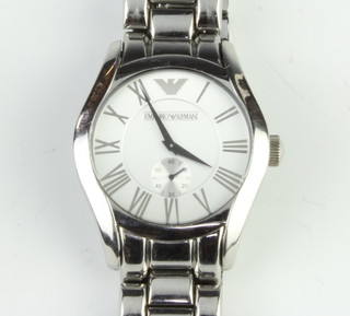 A gentleman's steel cased Emporio Armani wristwatch with seconds at 6 o'clock on a steel bracelet, boxed