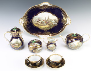 A good late 19th Century Meissen cabaret set comprising scalloped tray, baluster teapot and lid,baluster coffee pot and lid, cream jug, lidded bowl and 2 cups and 2 saucers, the royal blue ground with scrolling gilt floral decoration, having polychrome panels of figures and livestock in extensive continental country landscapes with impressed and underglazed blue marks the tray marked No 8 .35