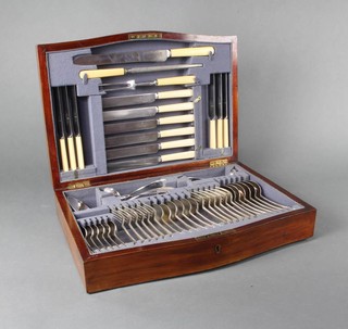 A canteen of silver plated cutlery for 6 contained in a crossbanded serpentine mahogany case 
