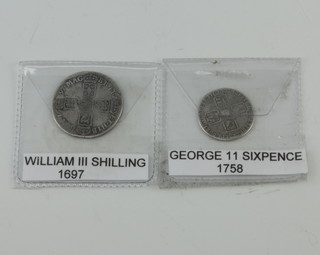 A William II shilling and a George II sixpence