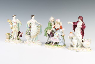 Three Volkstedt porcelain figures of the seasons raised on rococo bases 14cm and a German porcelain group of a couple raised on a rococo case 14cm 