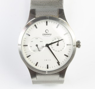 A gentleman's steel cased Obaku Harmony wristwatch with 2 subsidiary dials on a do. bracelet, boxed