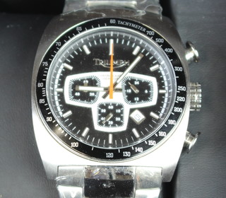 A gentleman's steel cased Triumph chronograph calendar wristwatch with 3 subsidiary dials on a steel bracelet, boxed 