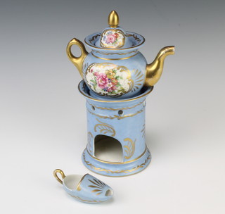 A late 19th Century Sevres porcelain bulbous teapot on warming stand with gilt decoration and panels of flowers 24cm 