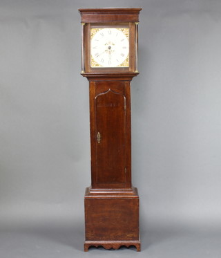 An 18th Century 30 hour longcase clock with 30cm square painted dial decorated floral spandrels and with Roman numerals contained in an oak case 196cm h 