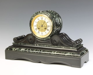 A Victorian French 14 day striking mantel clock with gilt dial, enamelled chapter ring and Roman numerals contained in a 2 colour circular marble case, raised on scroll supports 35cm h x 55cm w x 16cm d