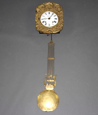 An 18th/19th Century French Comtoise clock, the 23cm enamelled dial marked Qualite Superieure Bergeret A Gazeres contained in an embossed brass case with grid iron pendulum 
