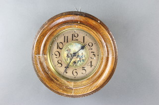 A 19th Century Continental wall clock with paper dial and Roman numerals, the centre decorated a Napoleonic war scene, contained in an oak and pine case  