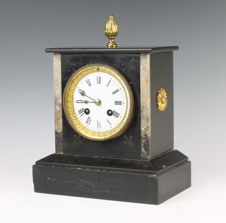 Japy Freres, a French 19th Century 8 day striking mantel clock with enamelled dial and Roman numerals contained in a 2 colour marble architectural case