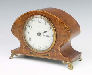 An 8 day French bedroom timepiece with paper dial contained in a shaped inlaid mahogany case raised on bracket feet 