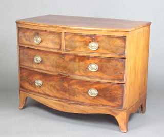A 19th Century mahogany bow front chest of 2 short and 2 long drawers with brass drop handles, raised on splayed bracket feet 80cm h x 104cm w x 57cm d  