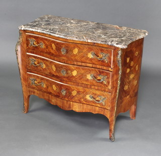 A French inlaid Kingwood commode of serpentine outline with veined marble top fitted 3 long drawers with gilt mounts, raised on cabriole supports 80cm h x 100cm w x 48cm d  